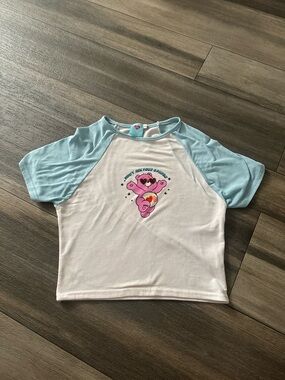 Dolls Kill Care Bears x Skinnydip: White & Blue Cropped Graphic T-Shirt, Size S